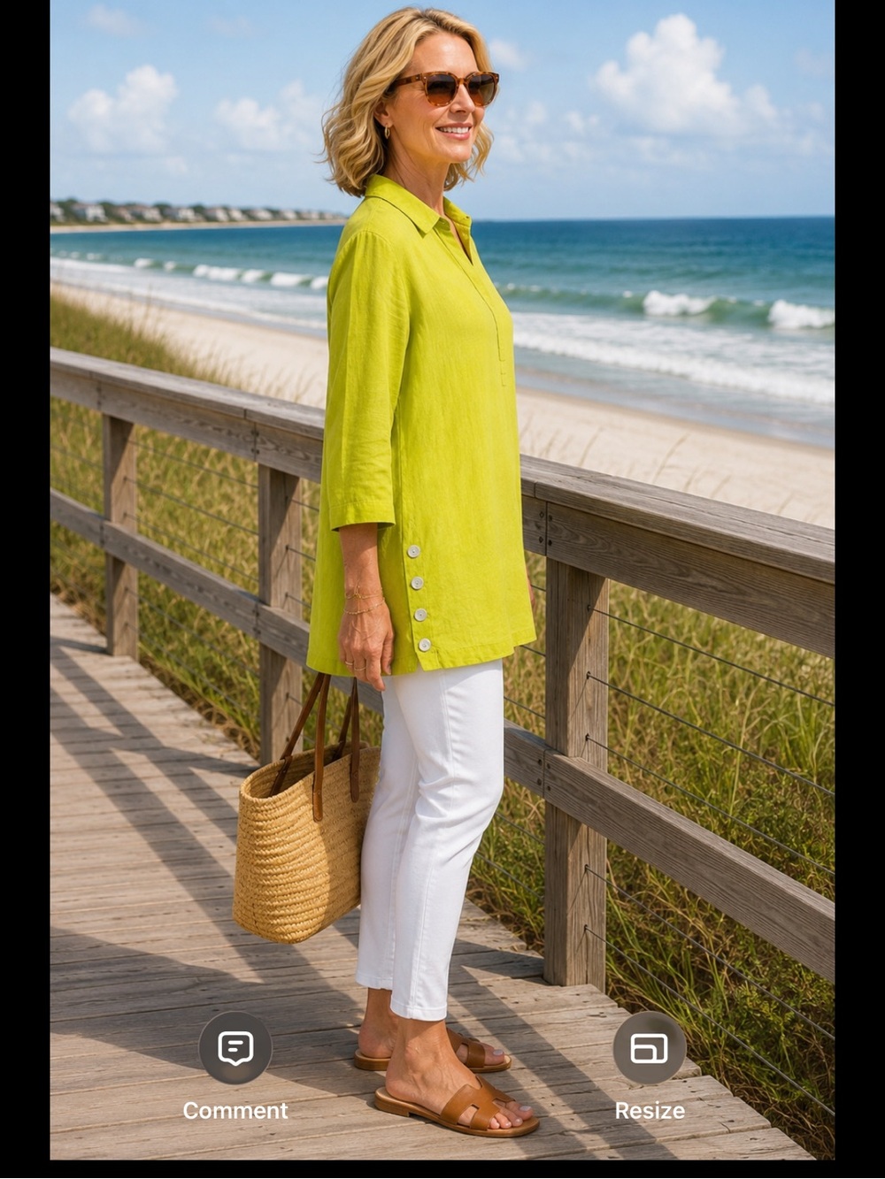 Tahari 100% Linen Lime Green Tunic Blouse 1X Mother-of-Pearl Side Slit Buttons - Picture 4 of 16